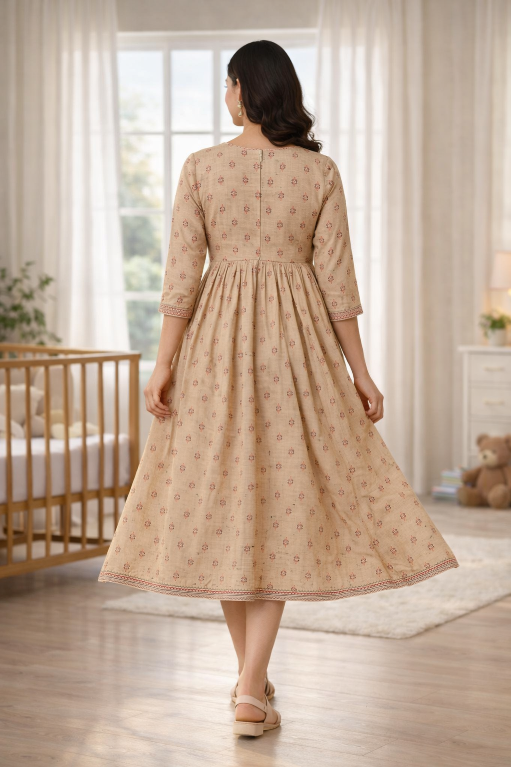 Sandal Printed Maternity Feeding Dress with Double Side Zip – Cotton Blend Umbrella Kurti