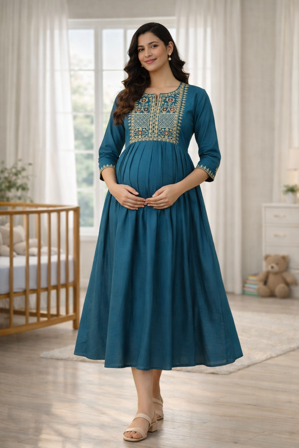 Blue Embroidered Maternity Feeding Dress with Double Side Zip – Cotton Blend Umbrella Kurti