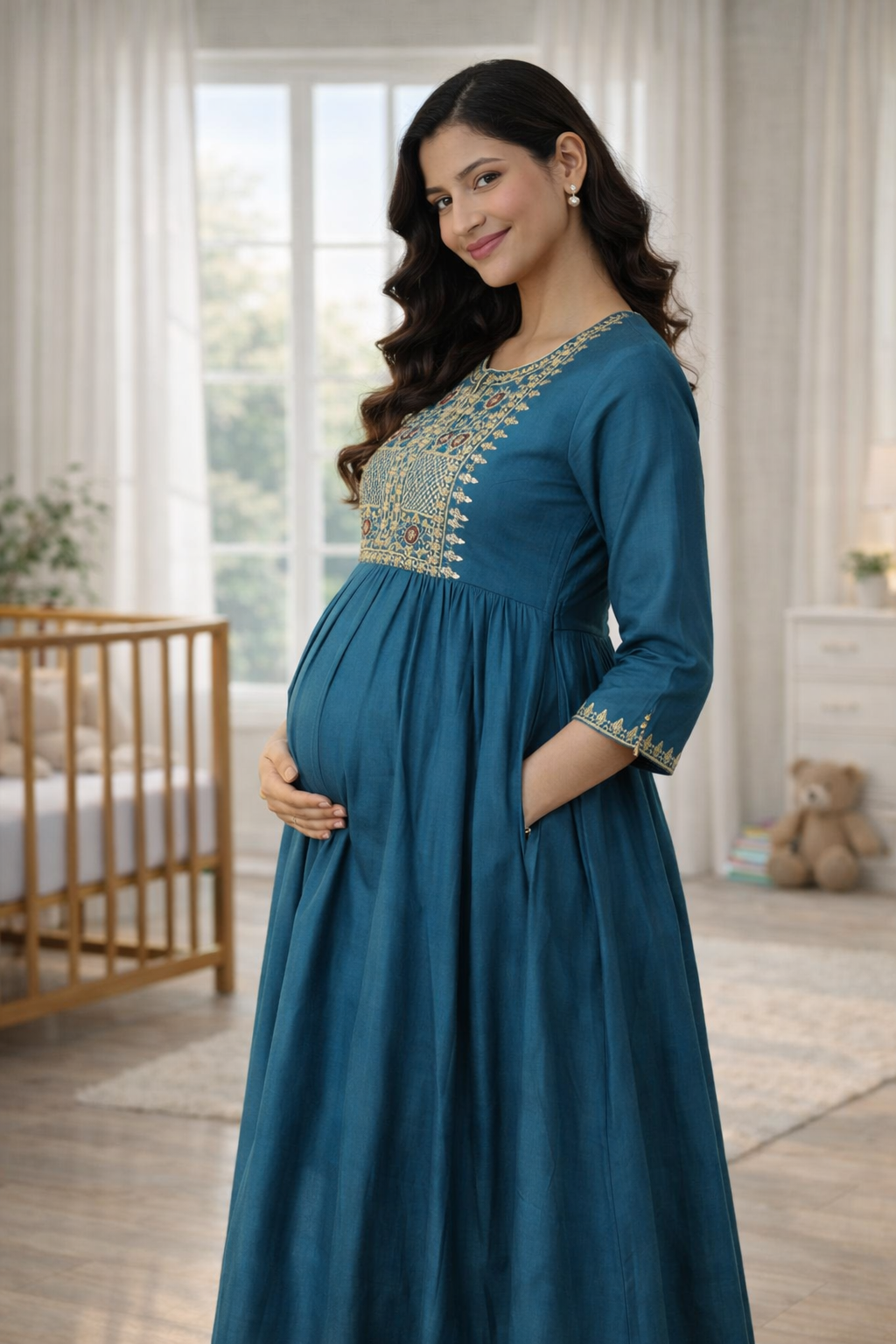 Blue Embroidered Maternity Feeding Dress with Double Side Zip – Cotton Blend Umbrella Kurti