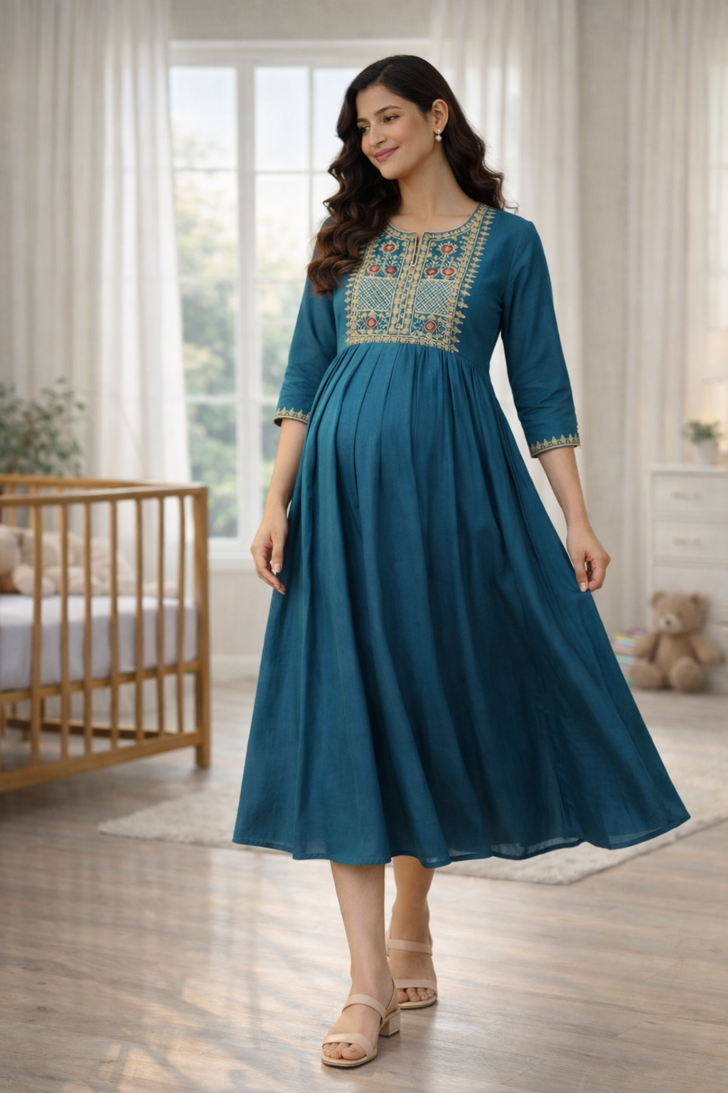 Blue Embroidered Maternity Feeding Dress with Double Side Zip – Cotton Blend Umbrella Kurti