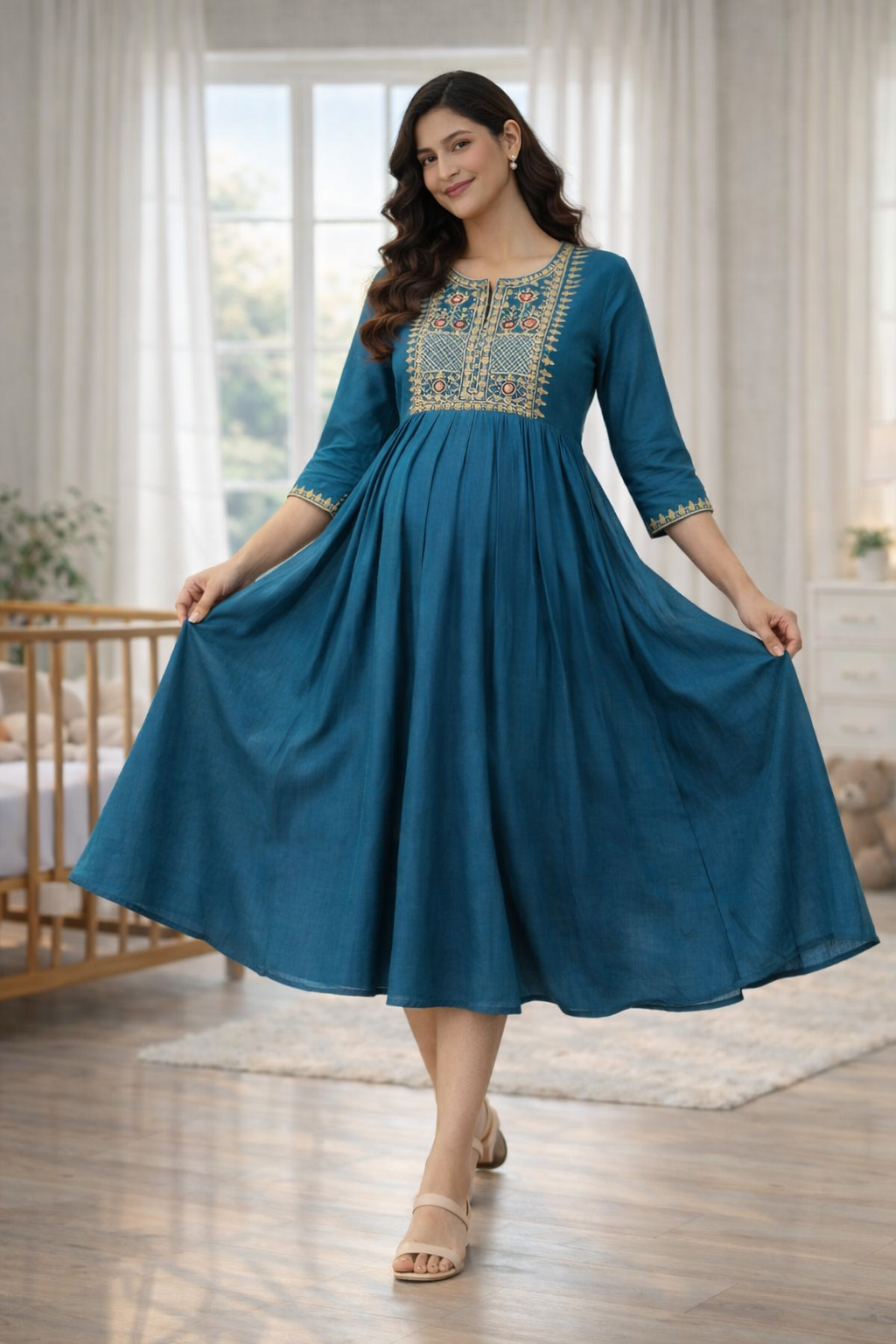 Blue Embroidered Maternity Feeding Dress with Double Side Zip – Cotton Blend Umbrella Kurti