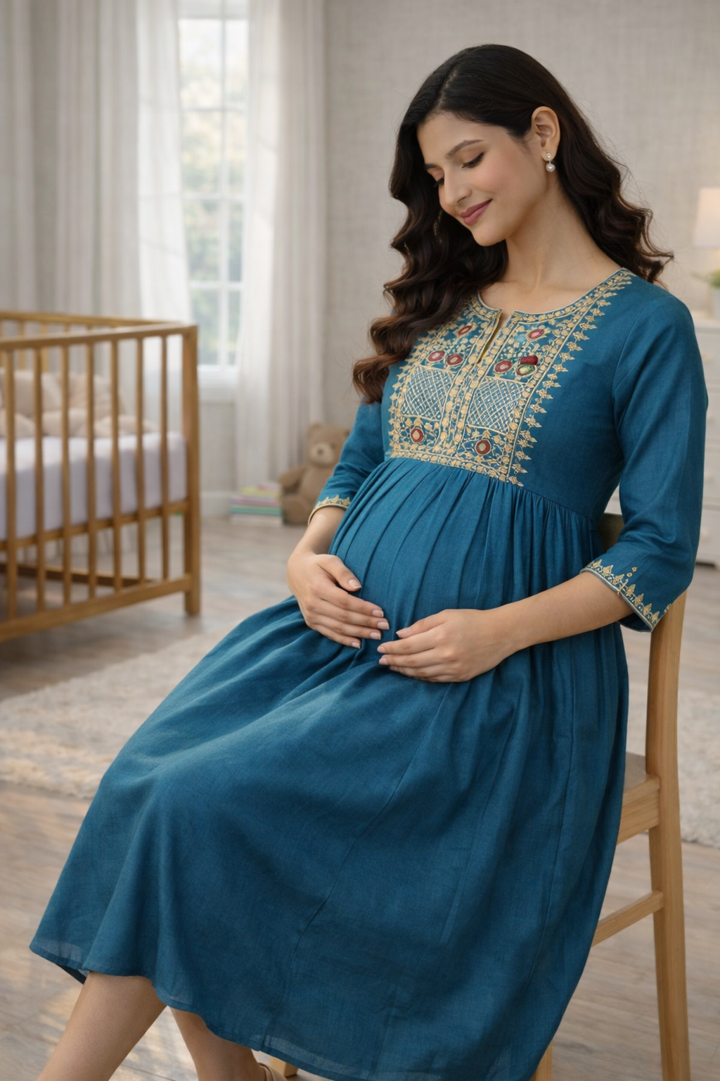 Blue Embroidered Maternity Feeding Dress with Double Side Zip – Cotton Blend Umbrella Kurti