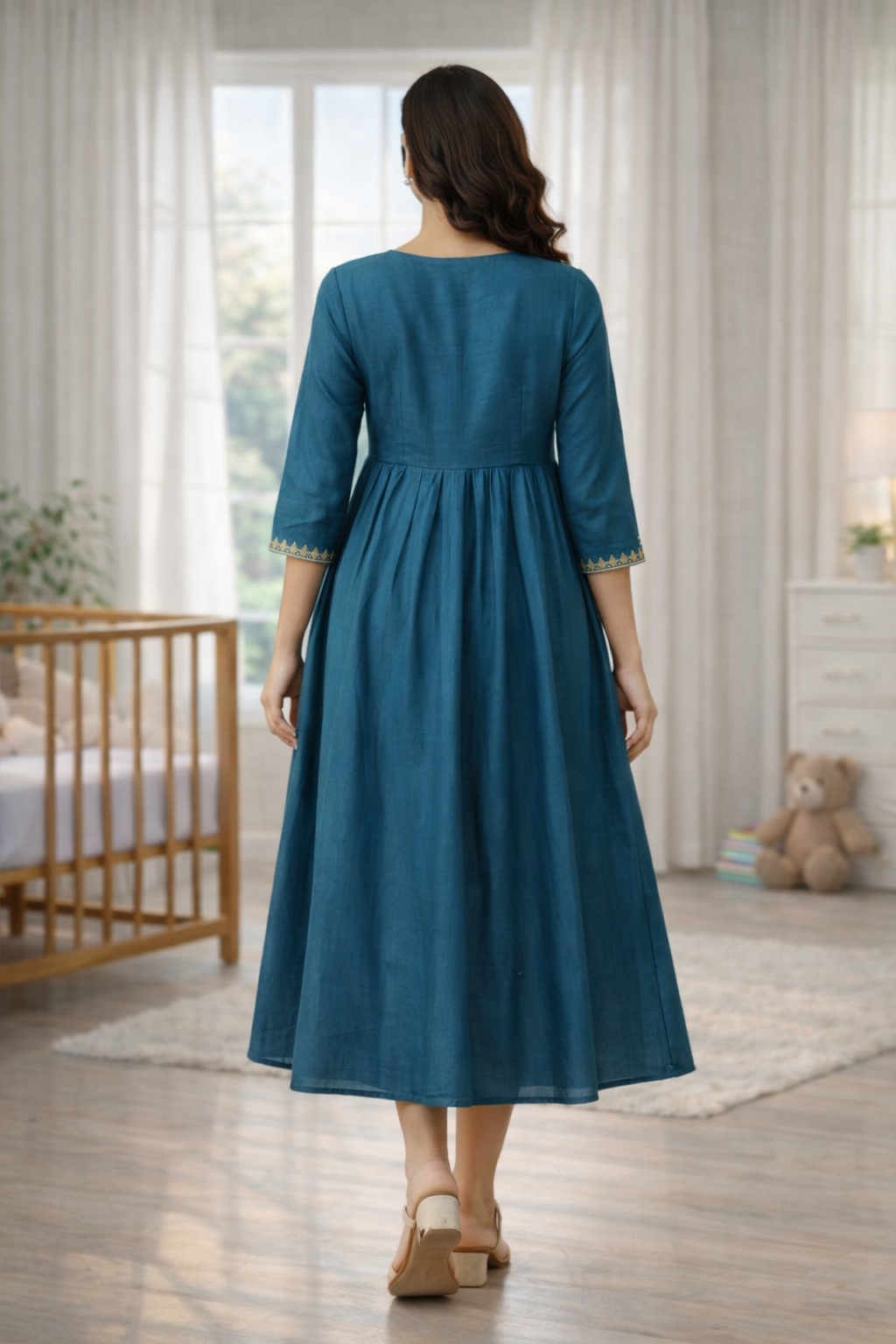 Blue Embroidered Maternity Feeding Dress with Double Side Zip – Cotton Blend Umbrella Kurti