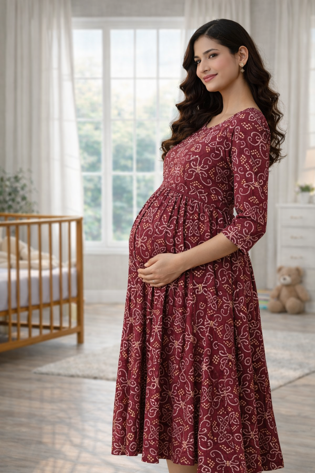 Maroon Printed Maternity Feeding Dress with Double Side Zip – Cotton Blend Umbrella Kurti