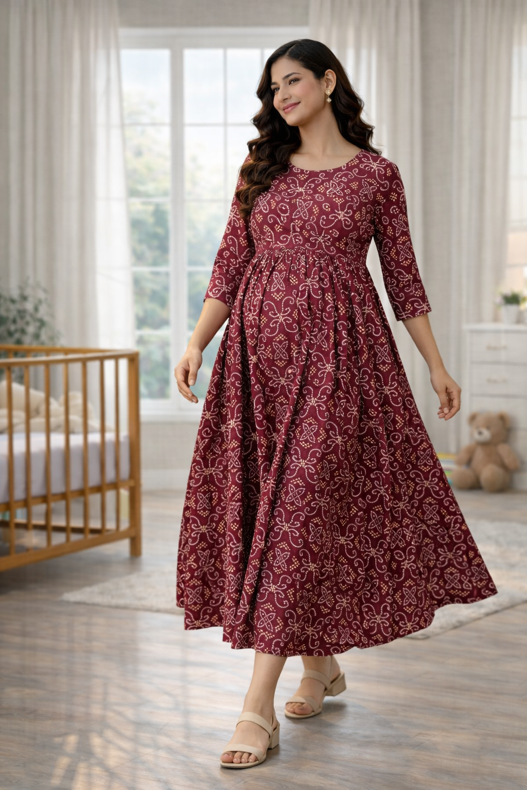 Maroon Printed Maternity Feeding Dress with Double Side Zip – Cotton Blend Umbrella Kurti