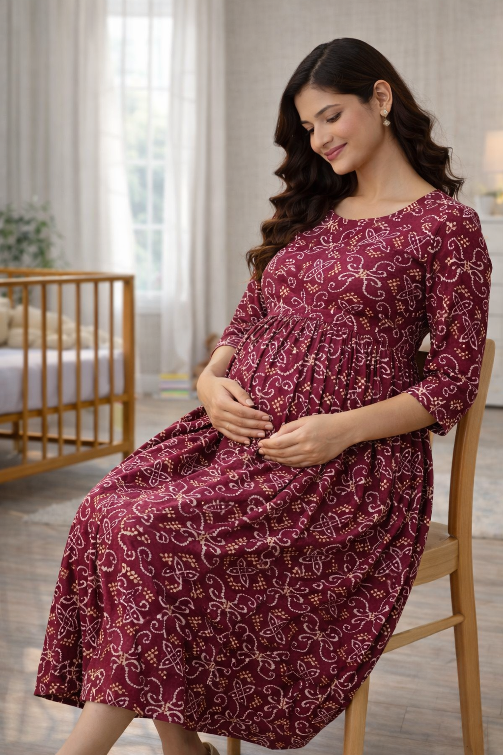 Maroon Printed Maternity Feeding Dress with Double Side Zip – Cotton Blend Umbrella Kurti
