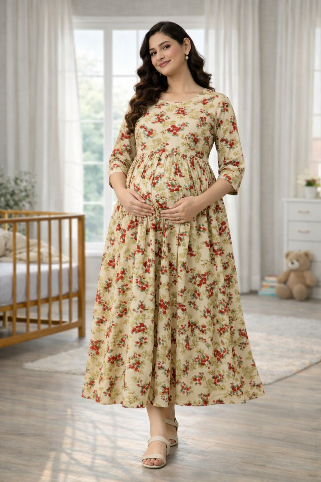 Sandal with Red Floral Printed Maternity Feeding Dress – Cotton Blend Umbrella Kurti with Double Side Zip