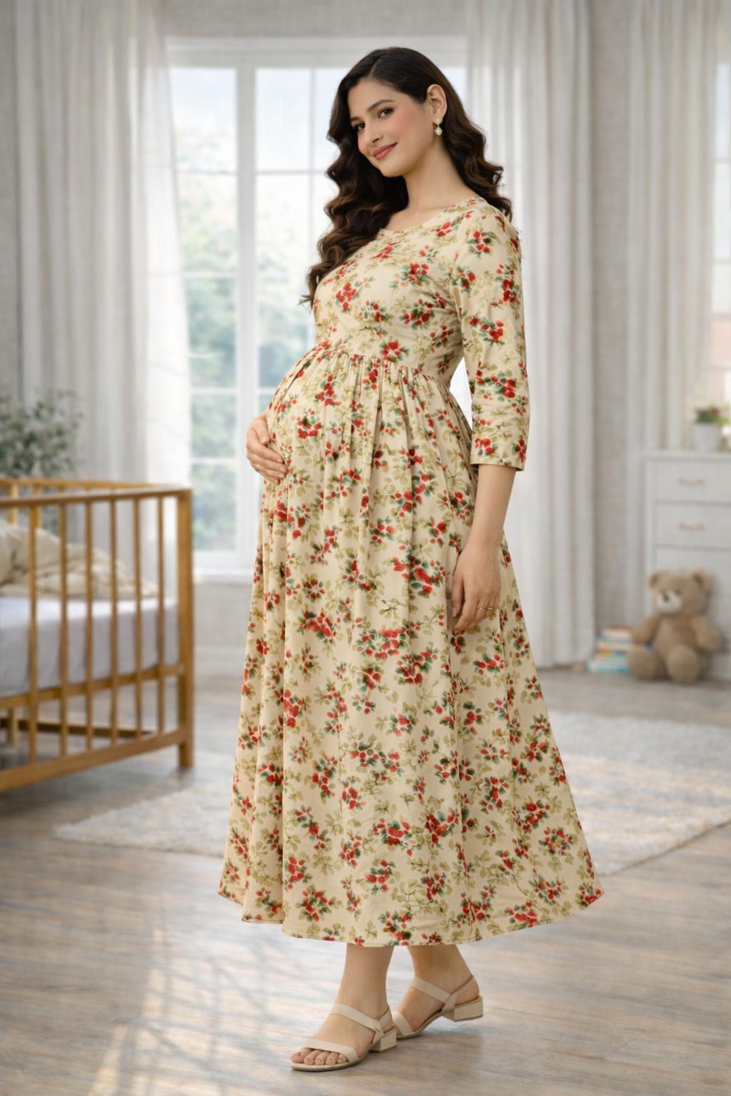 Sandal with Red Floral Printed Maternity Feeding Dress – Cotton Blend Umbrella Kurti with Double Side Zip