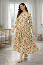 Sandal with Red Floral Printed Maternity Feeding Dress – Cotton Blend Umbrella Kurti with Double Side Zip