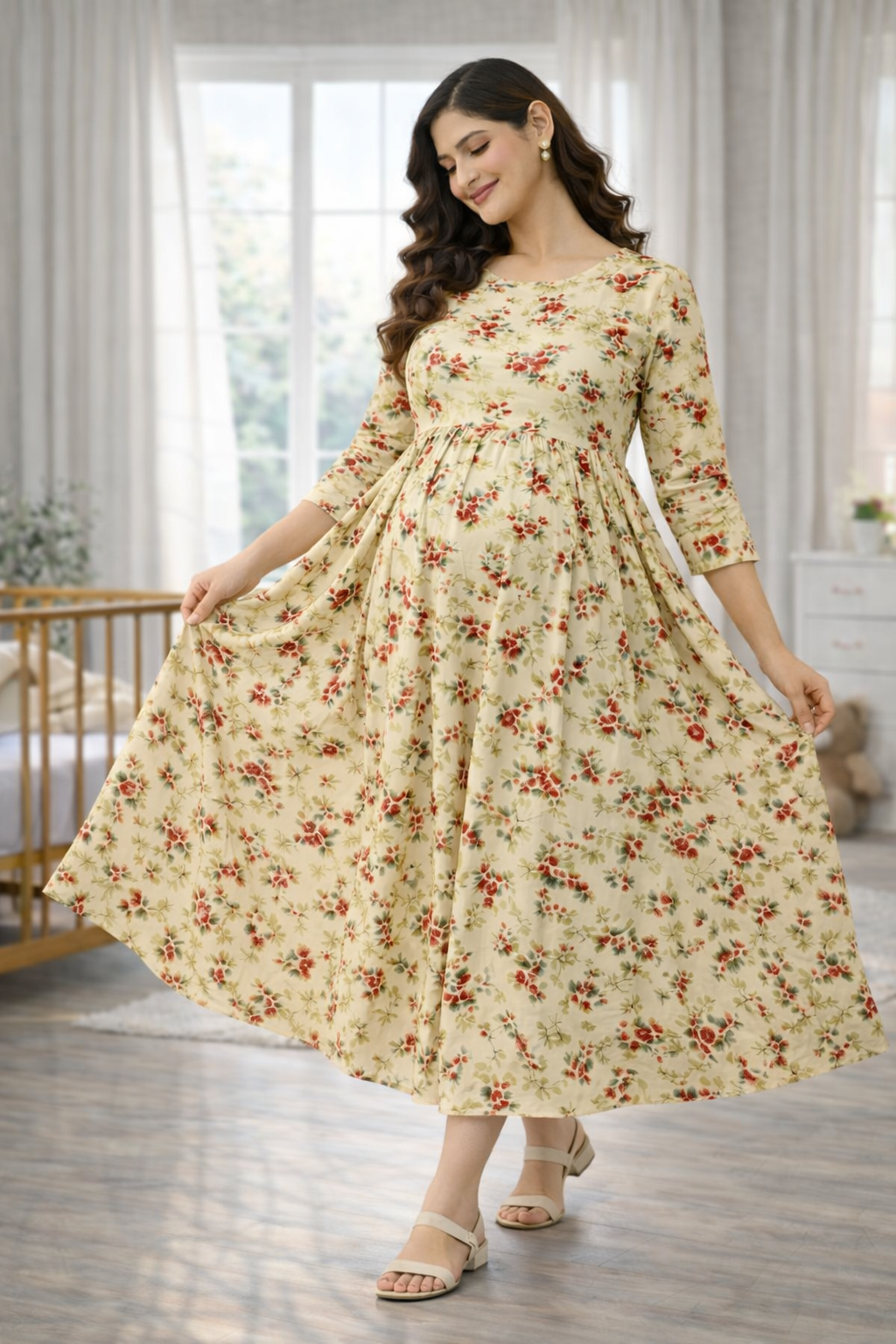 Sandal with Red Floral Printed Maternity Feeding Dress – Cotton Blend Umbrella Kurti with Double Side Zip