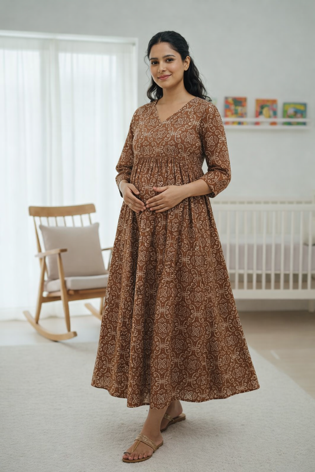 Brown Printed Maternity Feeding Dress with Double Side Zip – Cotton Blend Umbrella Kurti