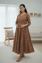 Brown Printed Maternity Feeding Dress with Double Side Zip – Cotton Blend Umbrella Kurti