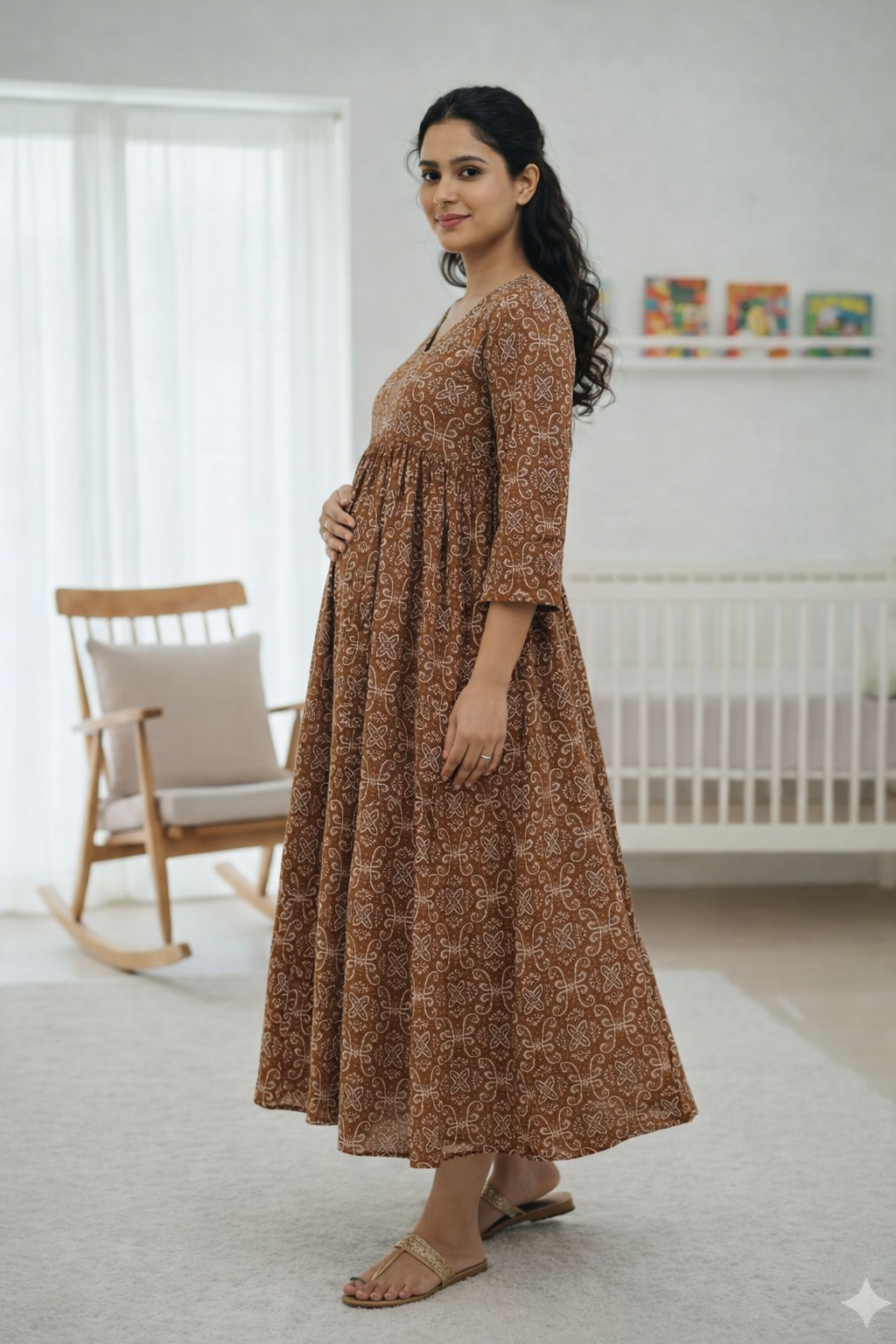 Brown Printed Maternity Feeding Dress with Double Side Zip – Cotton Blend Umbrella Kurti