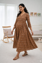 Brown Printed Maternity Feeding Dress with Double Side Zip – Cotton Blend Umbrella Kurti