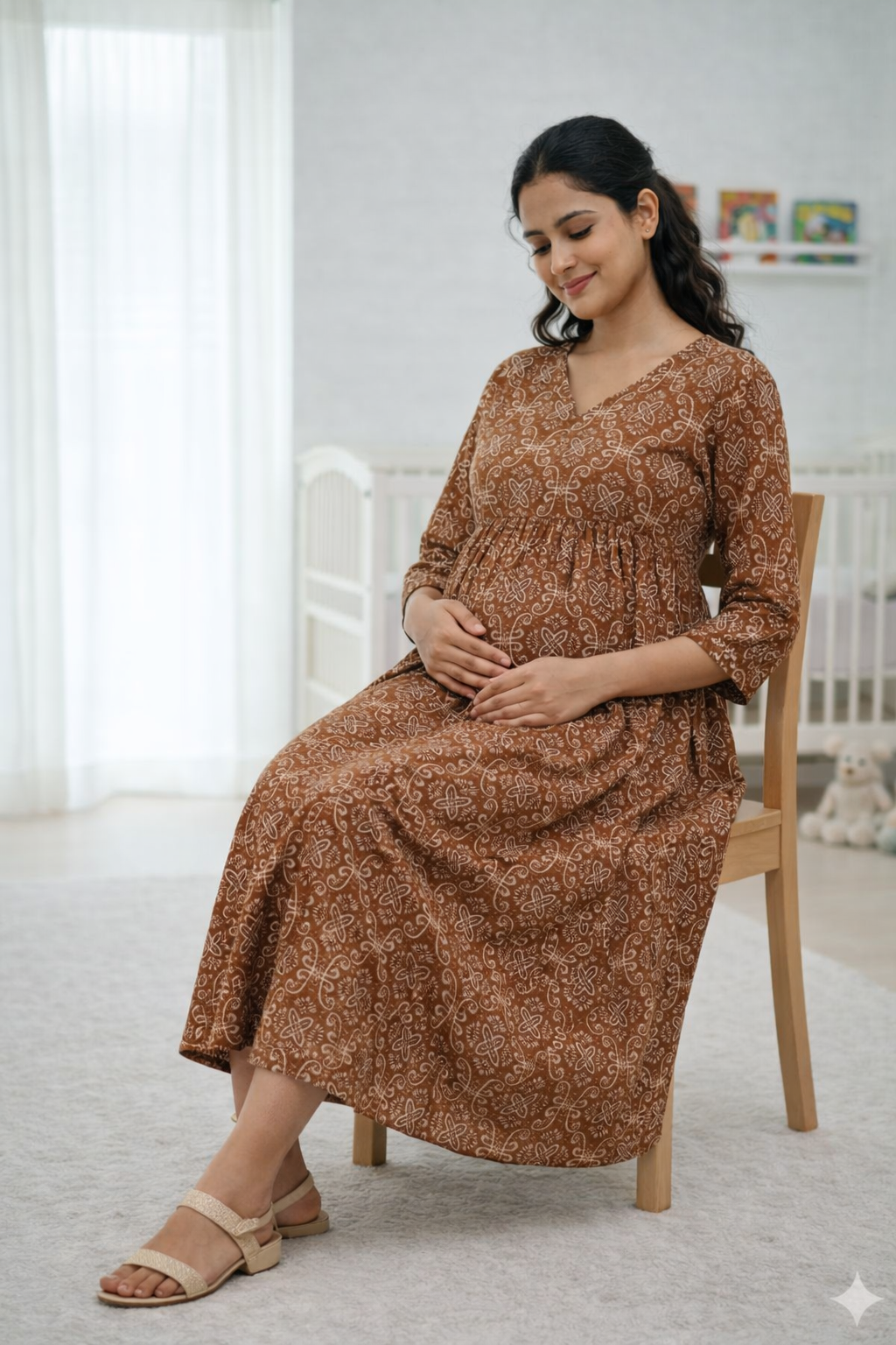 Brown Printed Maternity Feeding Dress with Double Side Zip – Cotton Blend Umbrella Kurti
