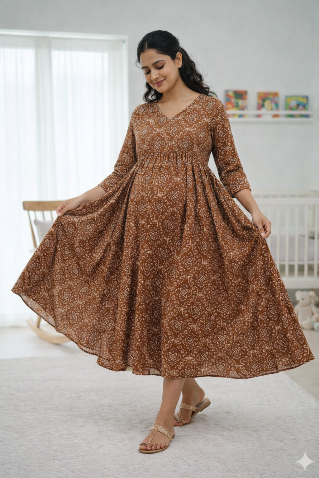 Brown Printed Maternity Feeding Dress with Double Side Zip – Cotton Blend Umbrella Kurti