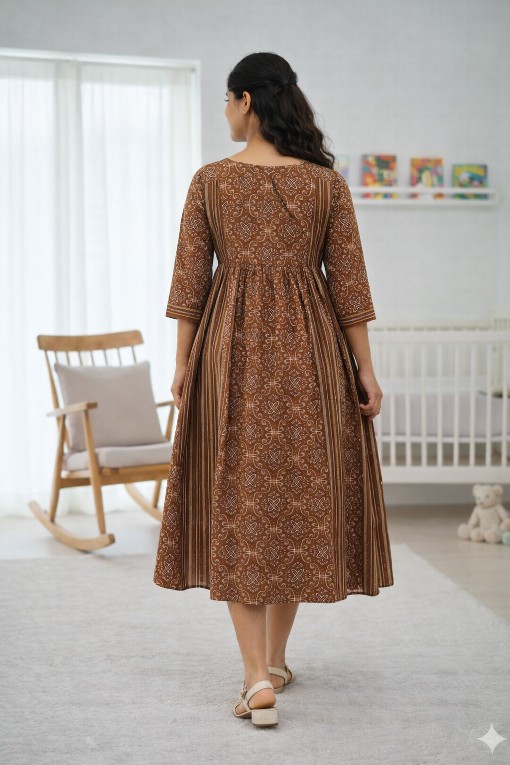 Brown Printed Maternity Feeding Dress with Double Side Zip – Cotton Blend Umbrella Kurti