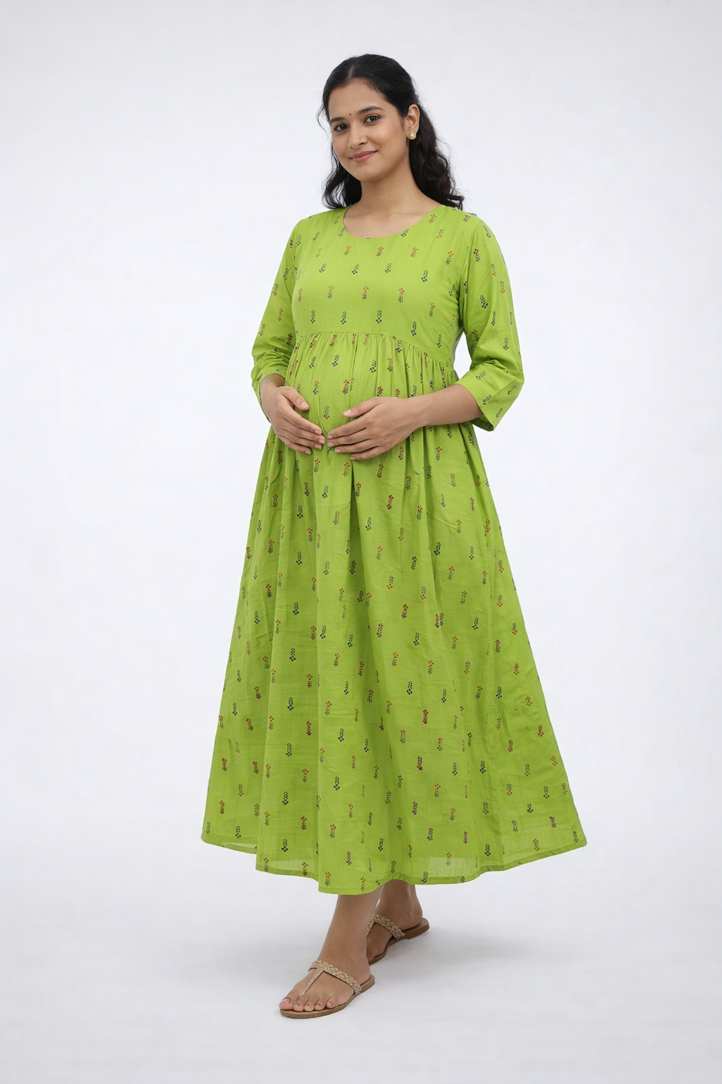 Parrot Green Printed Maternity Feeding Dress with Double Side Zip – Cotton Blend Umbrella Kurti