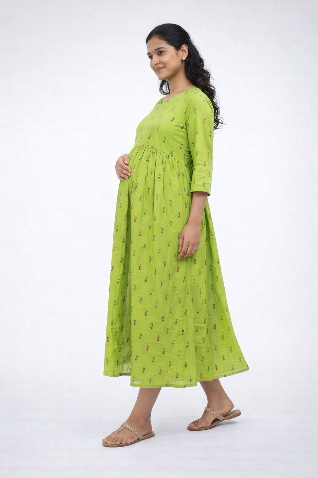 Parrot Green Printed Maternity Feeding Dress with Double Side Zip – Cotton Blend Umbrella Kurti