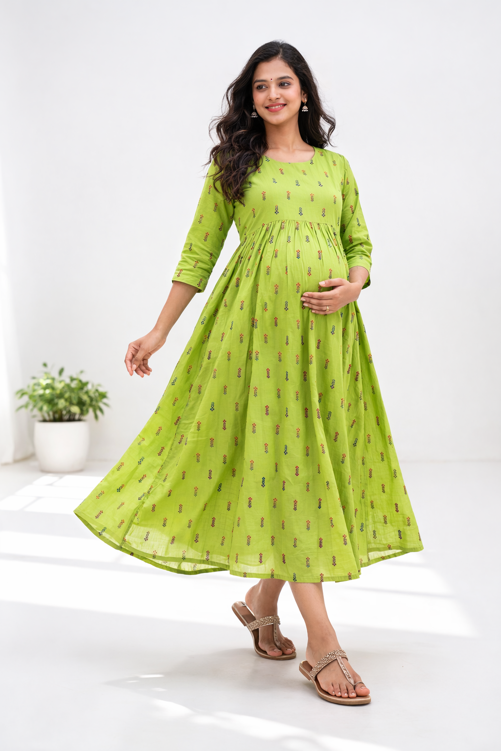Parrot Green Printed Maternity Feeding Dress with Double Side Zip – Cotton Blend Umbrella Kurti