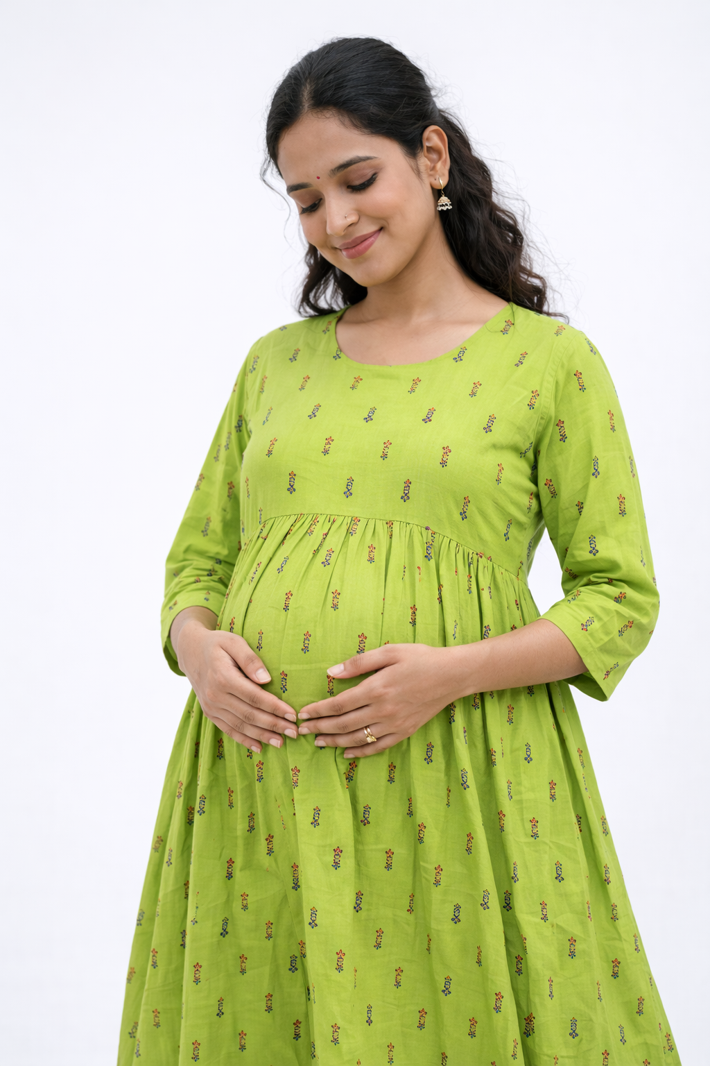 Parrot Green Printed Maternity Feeding Dress with Double Side Zip – Cotton Blend Umbrella Kurti