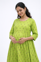 Parrot Green Printed Maternity Feeding Dress with Double Side Zip – Cotton Blend Umbrella Kurti