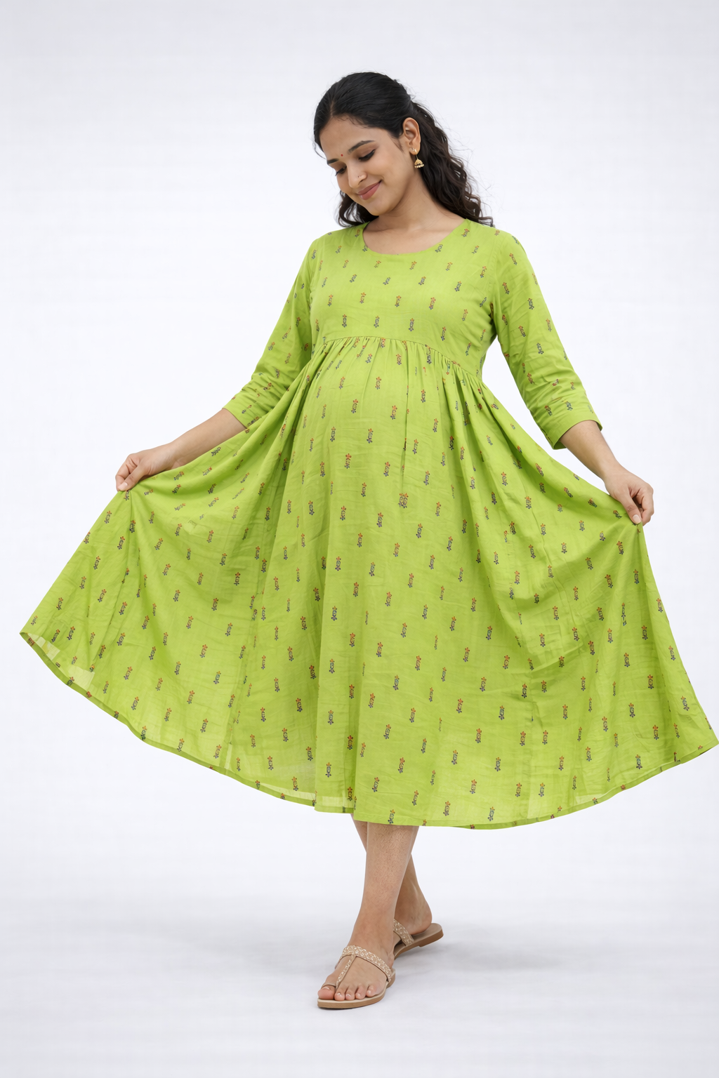 Parrot Green Printed Maternity Feeding Dress with Double Side Zip – Cotton Blend Umbrella Kurti