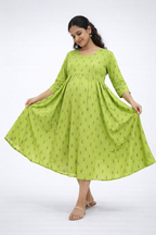 Parrot Green Printed Maternity Feeding Dress with Double Side Zip – Cotton Blend Umbrella Kurti