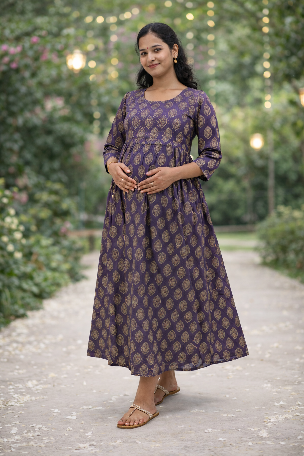 Violet Printed Maternity Feeding Dress with Double Side Zip – Cotton Blend Umbrella Kurti