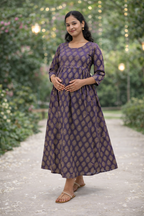 Violet Printed Maternity Feeding Dress with Double Side Zip – Cotton Blend Umbrella Kurti