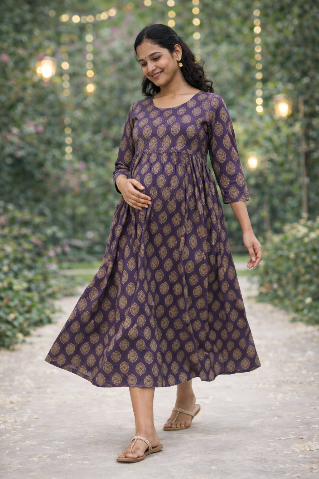 Violet Printed Maternity Feeding Dress with Double Side Zip – Cotton Blend Umbrella Kurti