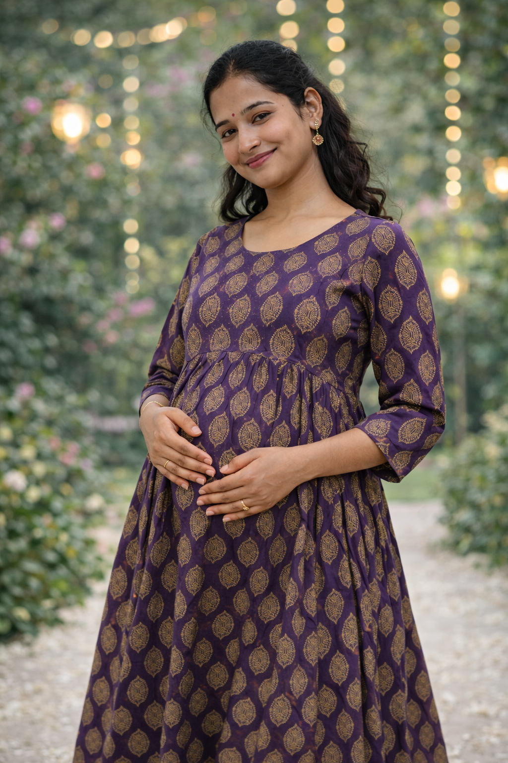 Violet Printed Maternity Feeding Dress with Double Side Zip – Cotton Blend Umbrella Kurti