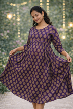 Violet Printed Maternity Feeding Dress with Double Side Zip – Cotton Blend Umbrella Kurti