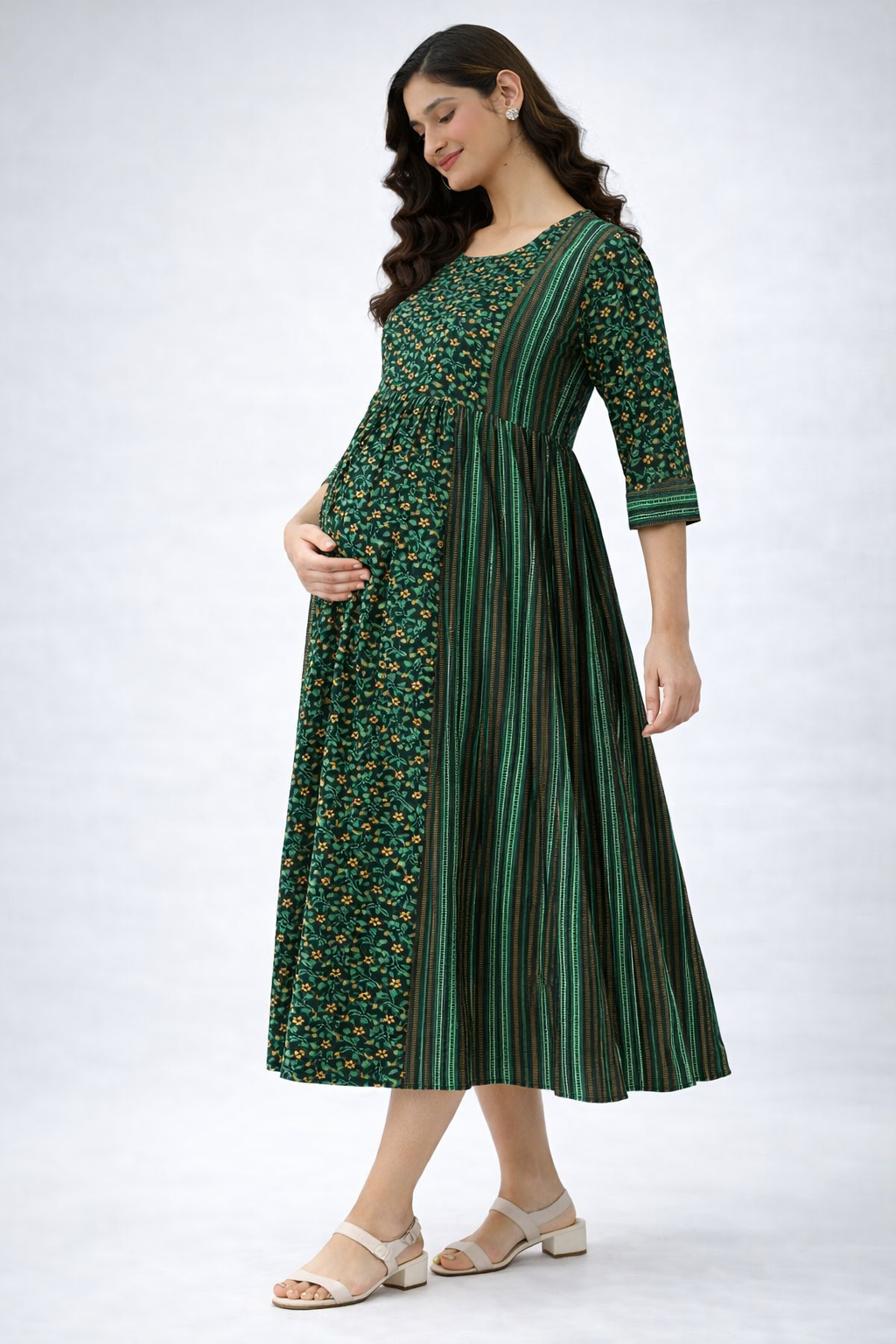 Green Printed Maternity Feeding Dress with Double Side Zip – Cotton Blend Umbrella Kurti