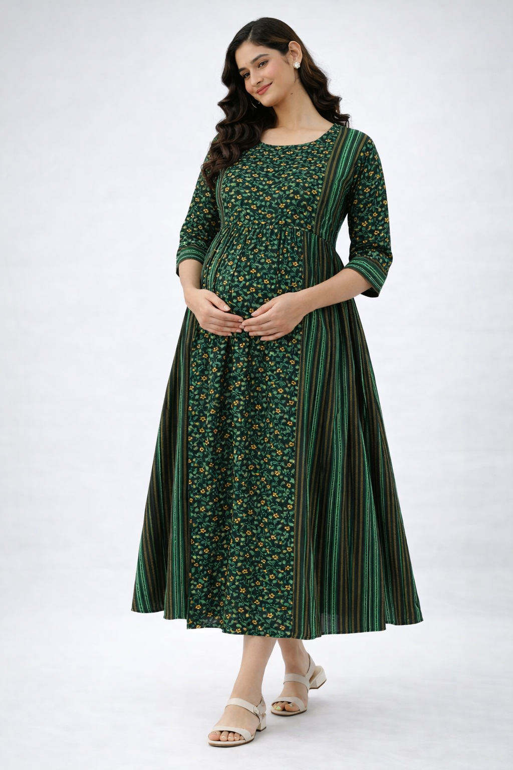 Green Printed Maternity Feeding Dress with Double Side Zip – Cotton Blend Umbrella Kurti