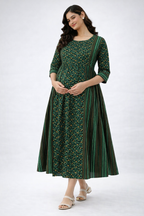 Green Printed Maternity Feeding Dress with Double Side Zip – Cotton Blend Umbrella Kurti