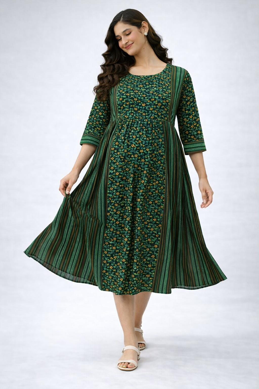 Green Printed Maternity Feeding Dress with Double Side Zip – Cotton Blend Umbrella Kurti