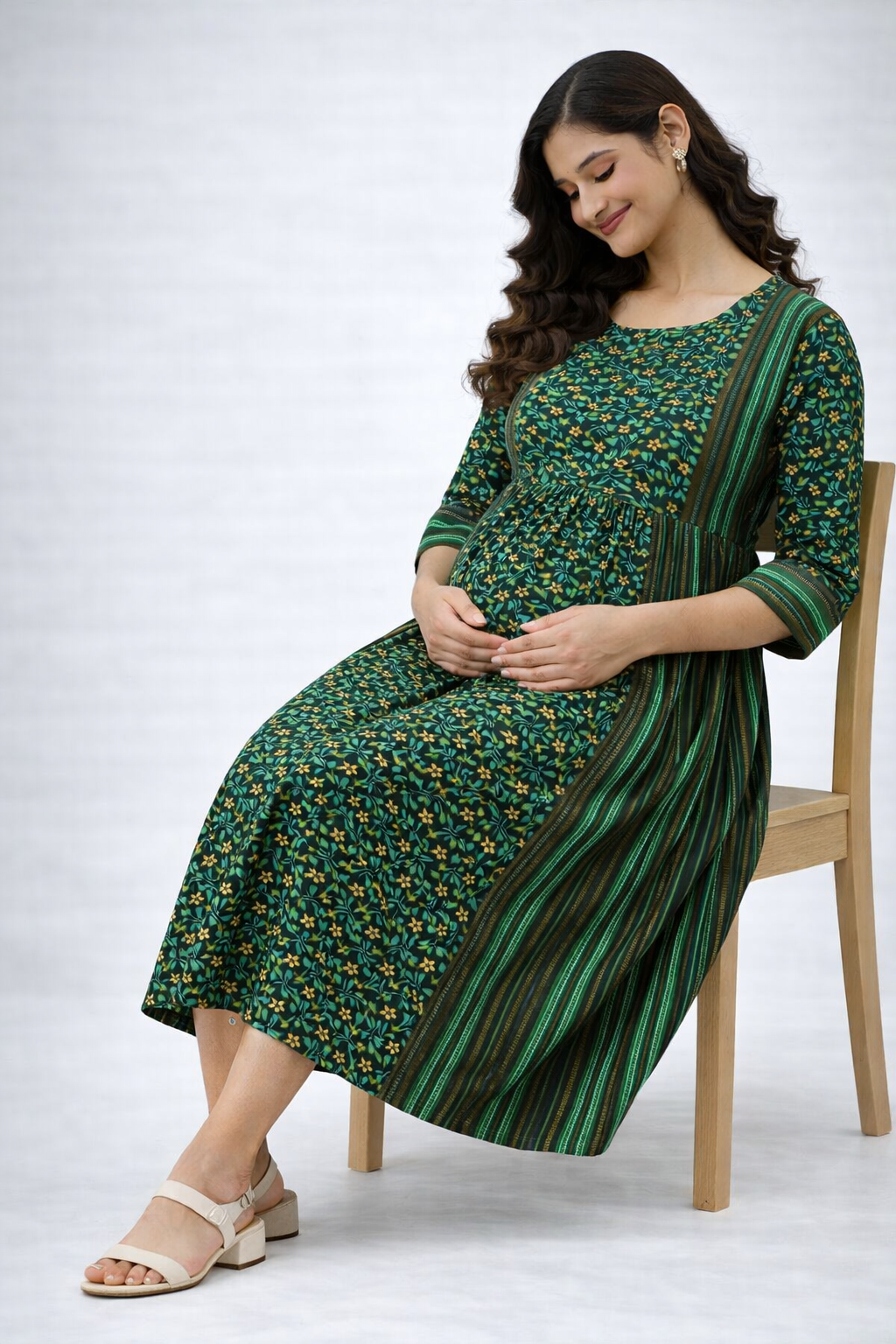 Green Printed Maternity Feeding Dress with Double Side Zip – Cotton Blend Umbrella Kurti