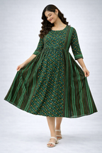 Green Printed Maternity Feeding Dress with Double Side Zip – Cotton Blend Umbrella Kurti