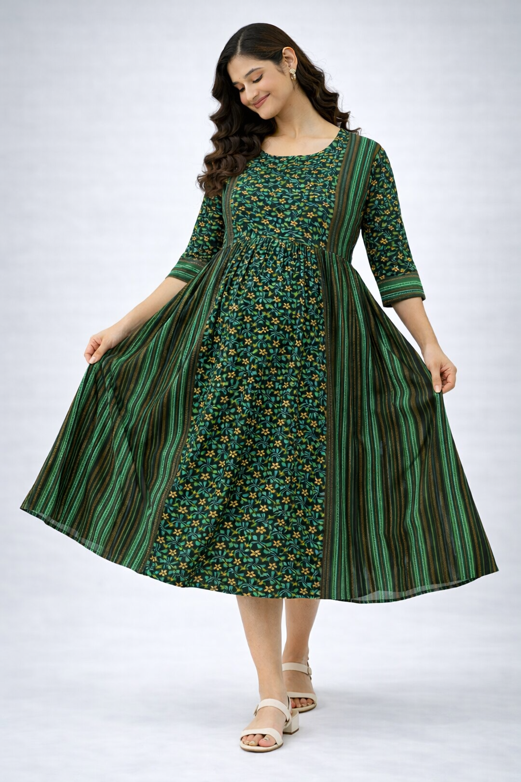 Green Printed Maternity Feeding Dress with Double Side Zip – Cotton Blend Umbrella Kurti