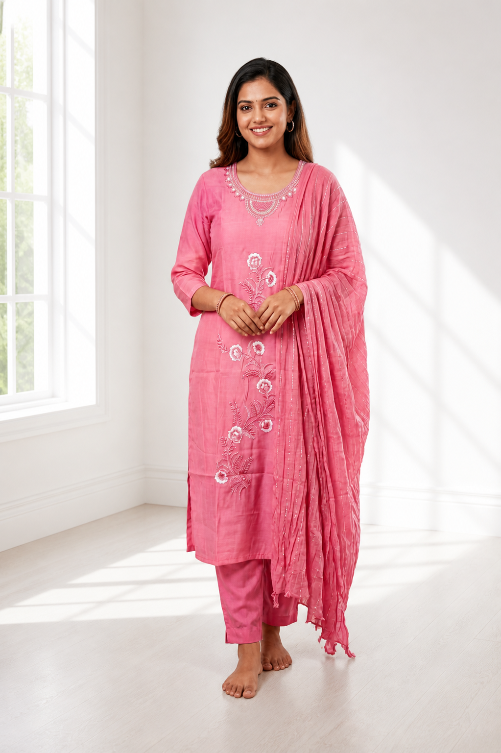 Pink Embroidered Roman Silk Salwar Suit Set with Dupatta