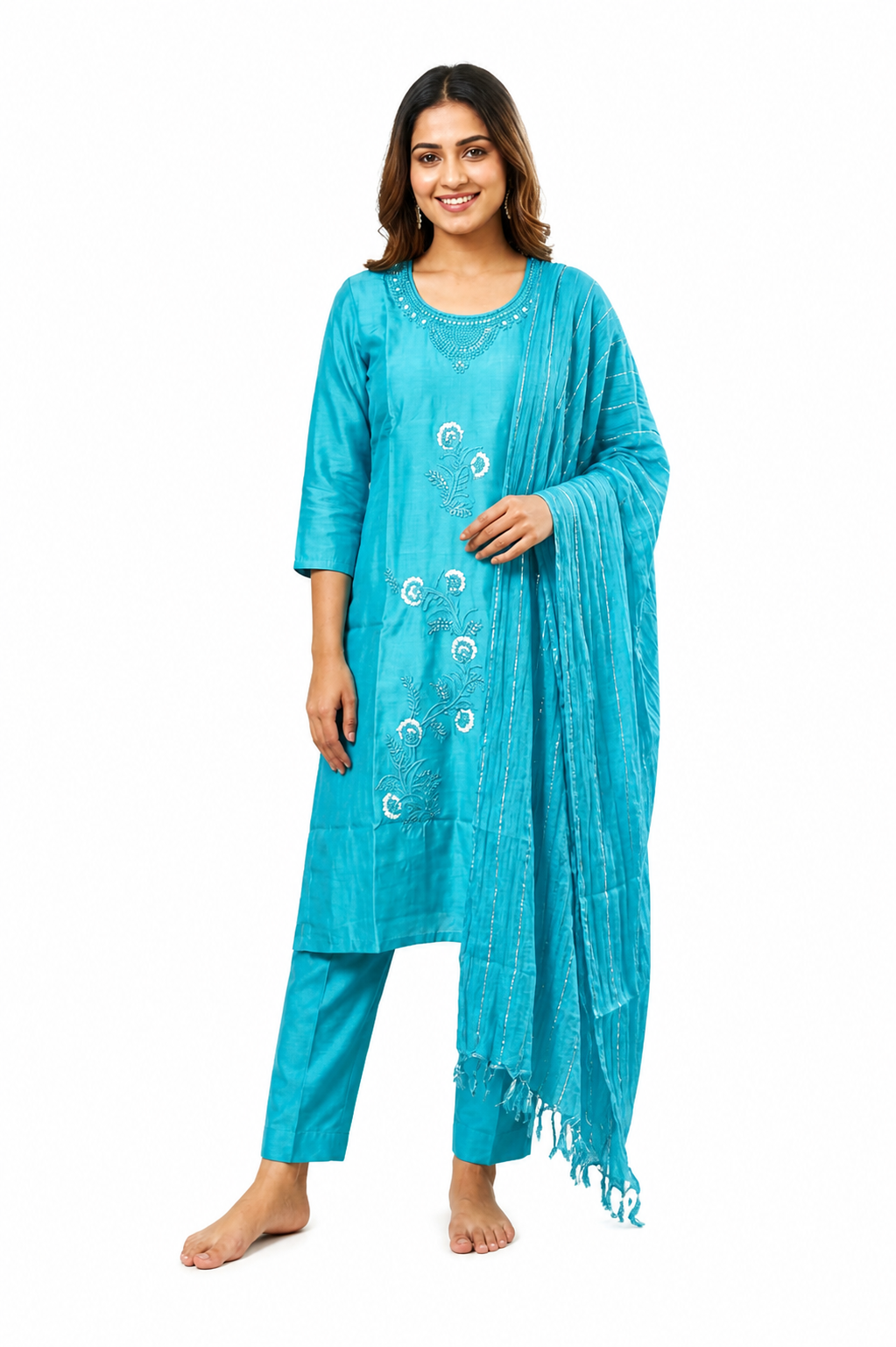 Blue Embroidered Roman Silk Salwar Suit Set with Dupatta