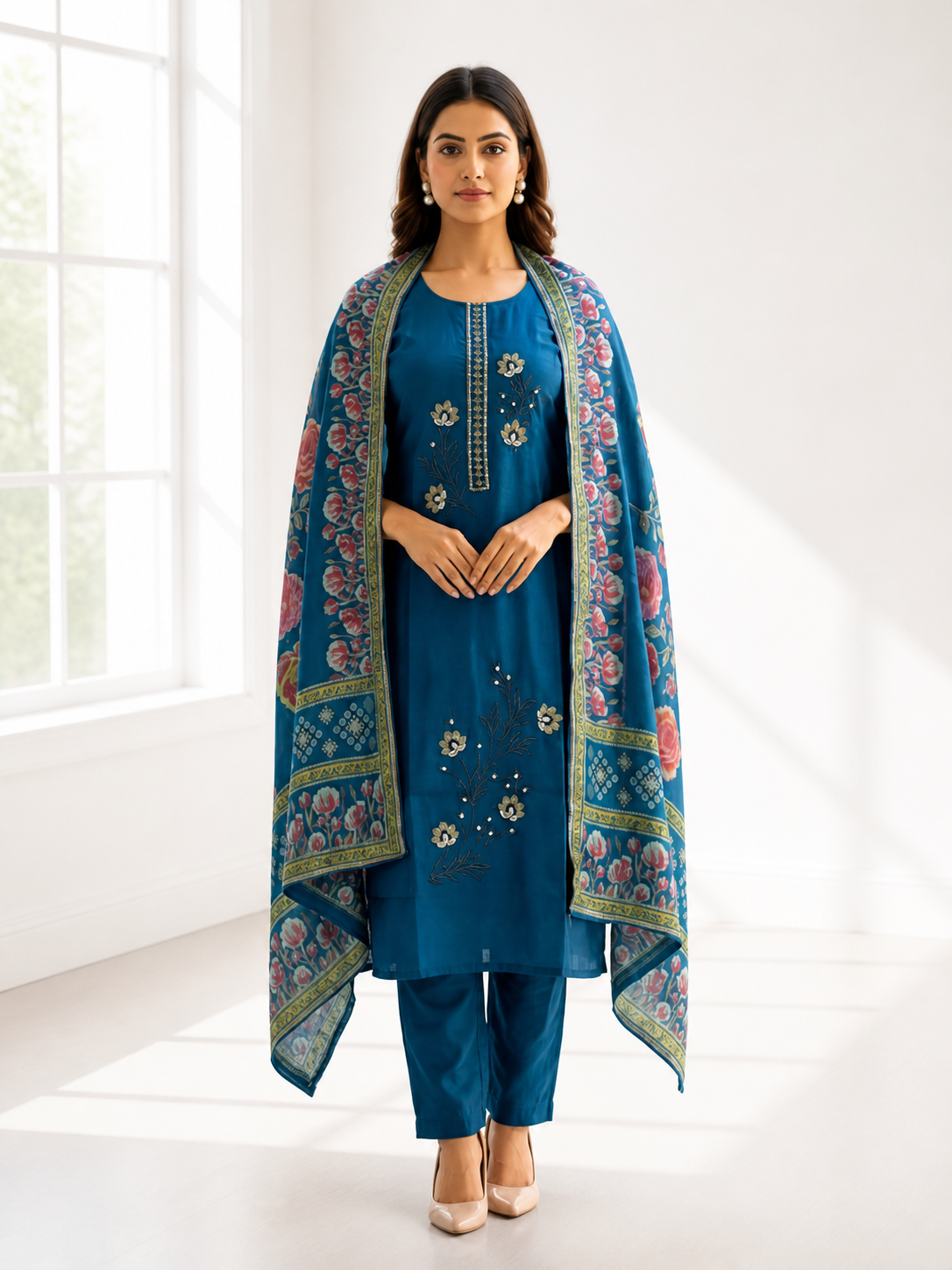 Teal Blue Embroidered Roman Silk Salwar Suit Set with Floral Dupatta
