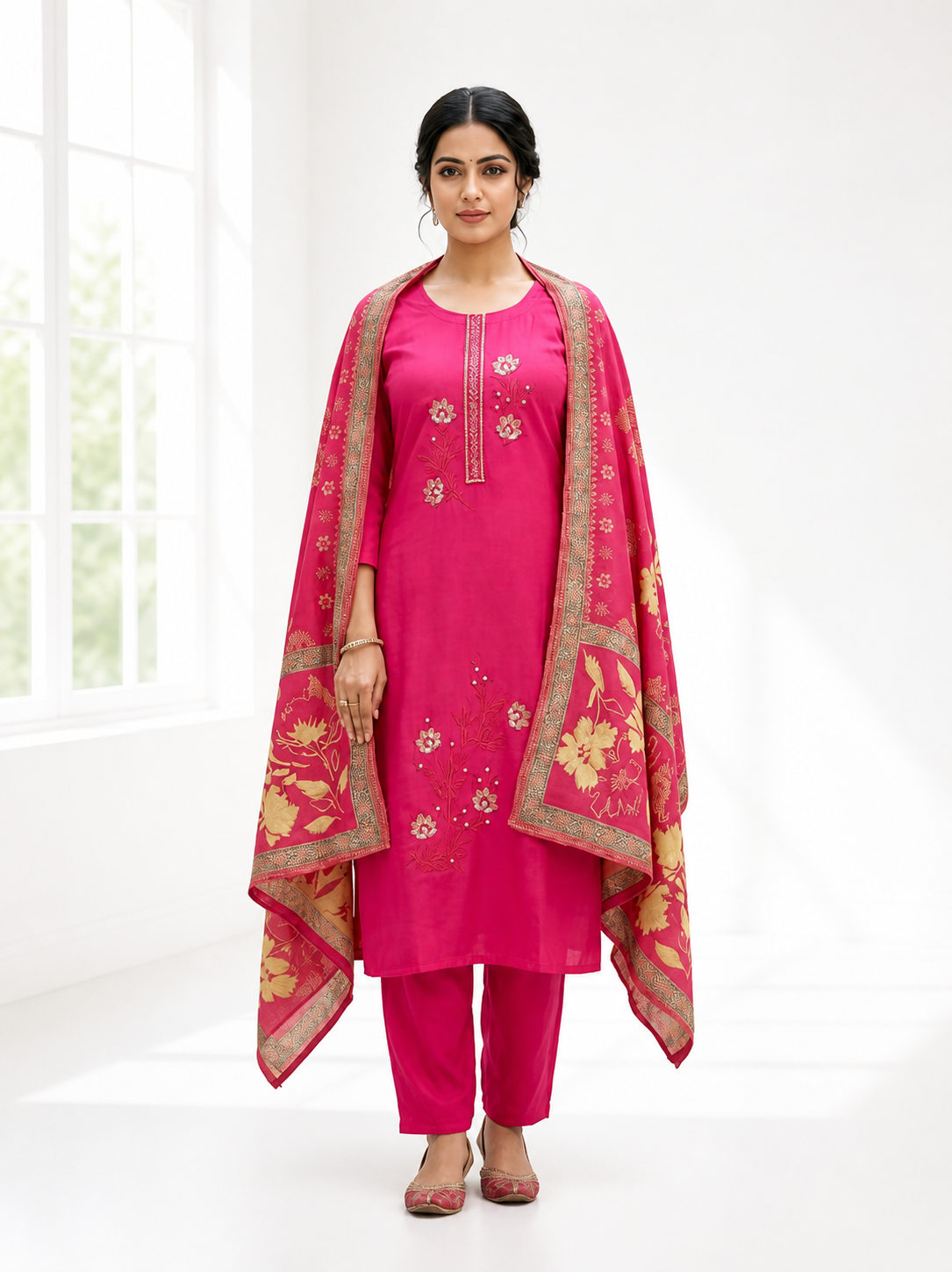 Pink Embroidered Roman Silk Salwar Suit Set with Designer Dupatta