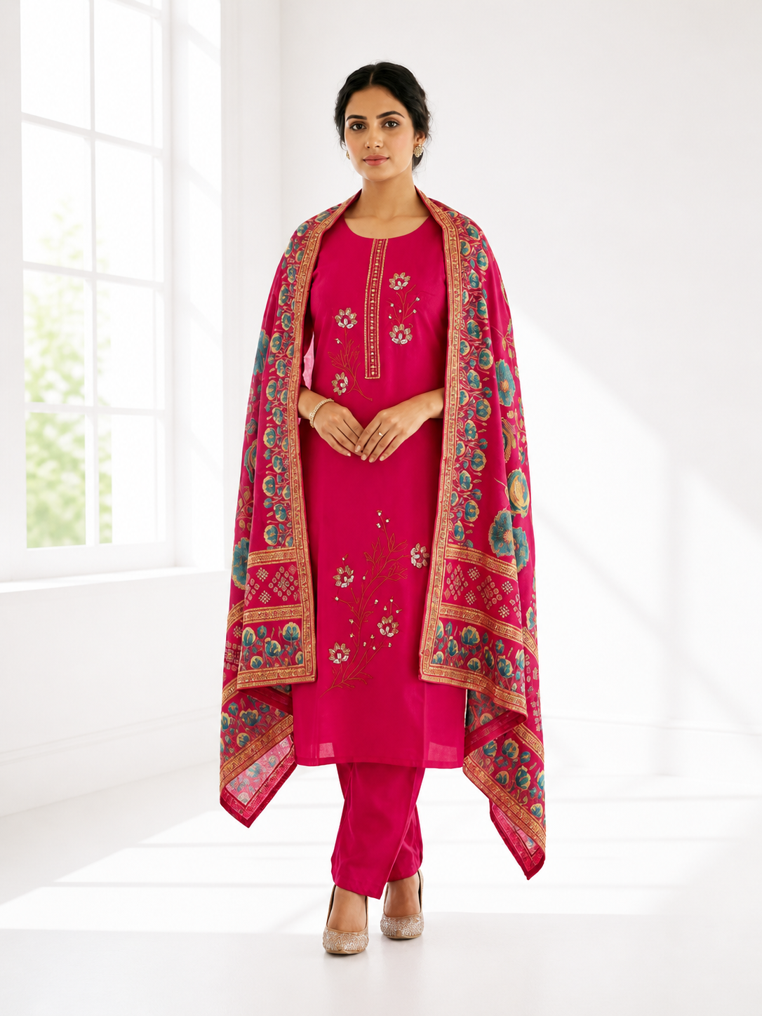 Rani Pink Embroidered Roman Silk Salwar Suit Set with Designer Dupatta