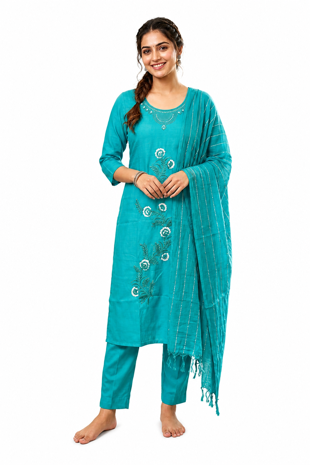 Teal Blue Embroidered Roman Silk Salwar Suit Set with Dupatta