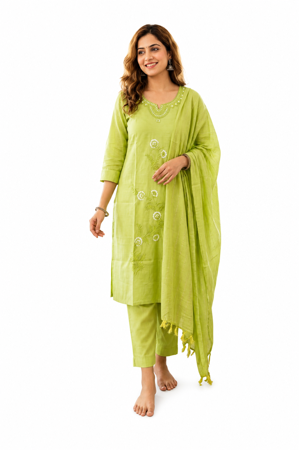 Parrot Green Embroidered Roman Silk Salwar Suit Set with Dupatta