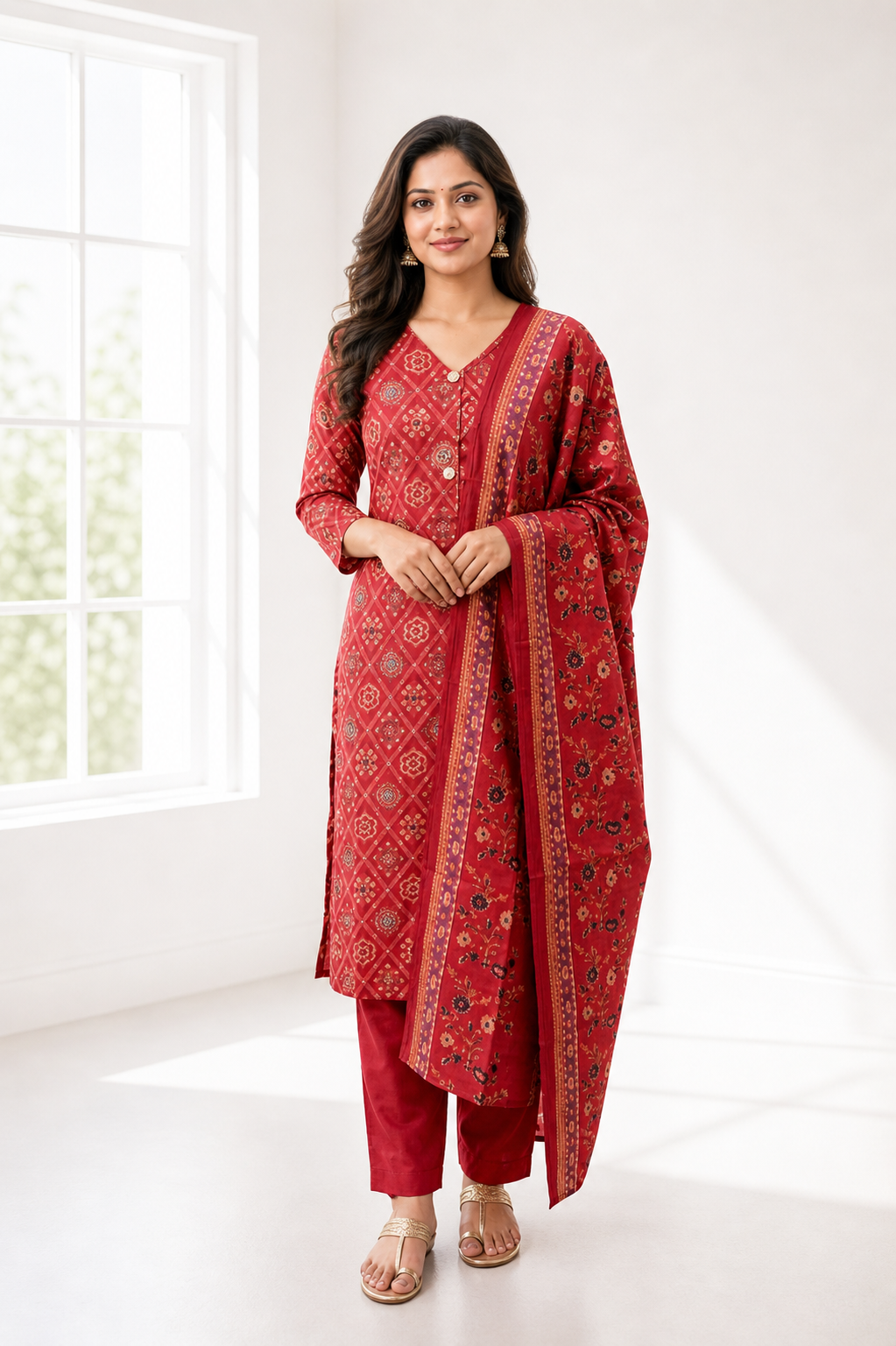 Classic Red V-Neck Cotton Blend Salwar Suit with Printed Dupatta