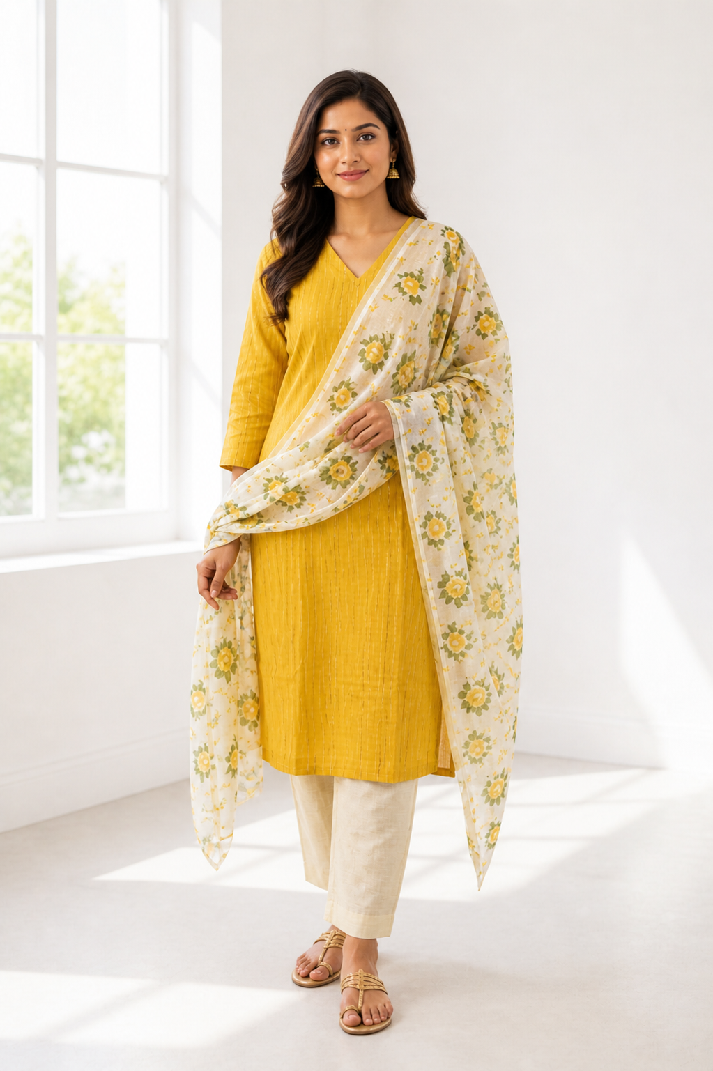 Graceful Mustard Yellow Cotton Blend Salwar Suit with Floral Dupatta