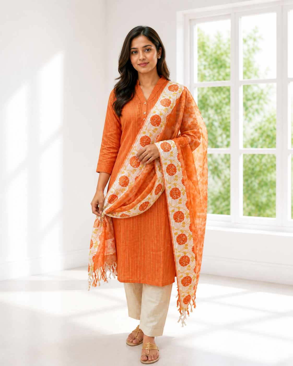 Elegant Orange Cotton Blend Salwar Suit with Printed Dupatta